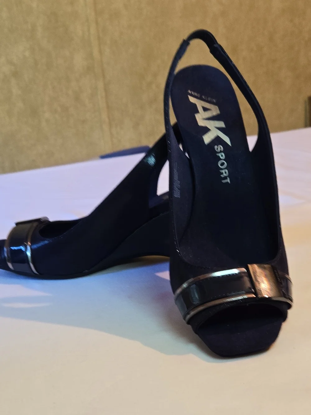 Anne Klein Blue Wedge Slingback Sandals with Gold Accent